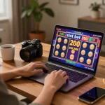 Engaging in slot bet 200 at home using a laptop with colorful machines displayed on screen