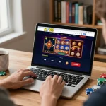 Engaging in online gaming with KP88 on a laptop, showcasing live dealer games and strategy notes.