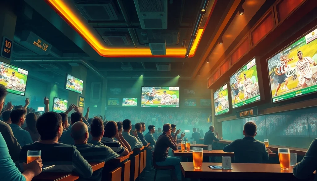 Exciting atmosphere at a sports bar featuring 토토스토리 with fans enjoying live games and betting activities.