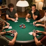 Friends enjoying an exciting poker night at home while playing tg 88 themed games.