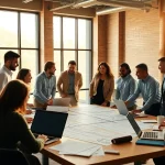 A collaborative meeting of a construction member organization with diverse individuals discussing projects.