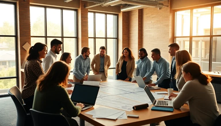 A collaborative meeting of a construction member organization with diverse individuals discussing projects.