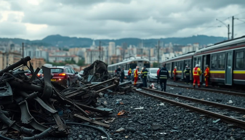 Scene depicting the spain train crash aftermath with emergency responders working diligently.