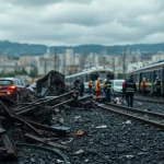 Scene depicting the spain train crash aftermath with emergency responders working diligently.