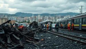 Scene depicting the spain train crash aftermath with emergency responders working diligently.