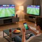 Person engaging in sports betting via smartphone while enjoying live matches at home on https://n188.build/.