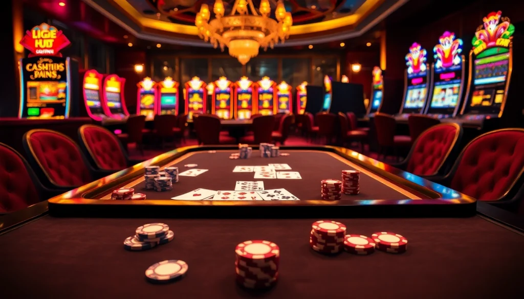 La scène vibrante du meilleur casino en ligne mettant en vedette des jetons de poker, une table de jeux et des machines à sous, incarnant l'excitation luxueuse du casino.