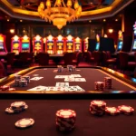 La scène vibrante du meilleur casino en ligne mettant en vedette des jetons de poker, une table de jeux et des machines à sous, incarnant l'excitation luxueuse du casino.