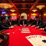 Découvrez l'excitation du meilleur casino en ligne avec une table de poker luxueuse et des joueurs engagés.