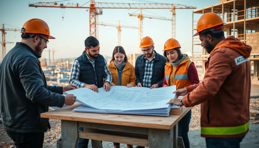 Engaged trainees in a construction apprenticeship collaborating on-site with blueprints.