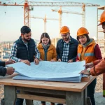 Engaged trainees in a construction apprenticeship collaborating on-site with blueprints.
