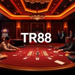 Experience the thrill of TR88 with professional gamblers at a high-stakes poker table amidst a luxurious casino atmosphere.