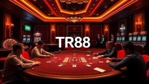 Experience the thrill of TR88 with professional gamblers at a high-stakes poker table amidst a luxurious casino atmosphere.