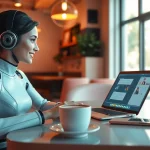 Engaging AI girlfriend character in a cozy digital café setting, highlighting friendly interactions.