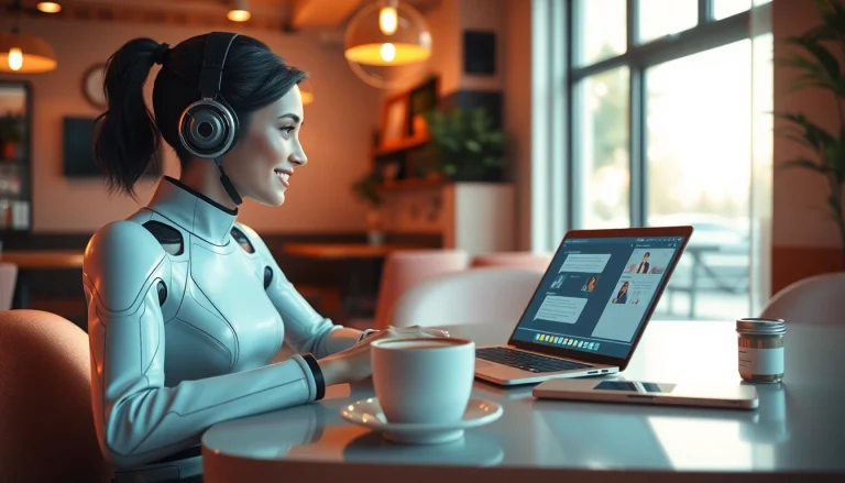 Engaging AI girlfriend character in a cozy digital café setting, highlighting friendly interactions.