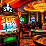Terlibat dengan Slot Bonus 100 pada mesin slot kasino mewah yang dikelilingi oleh kegembiraan perjudian yang penuh warna.