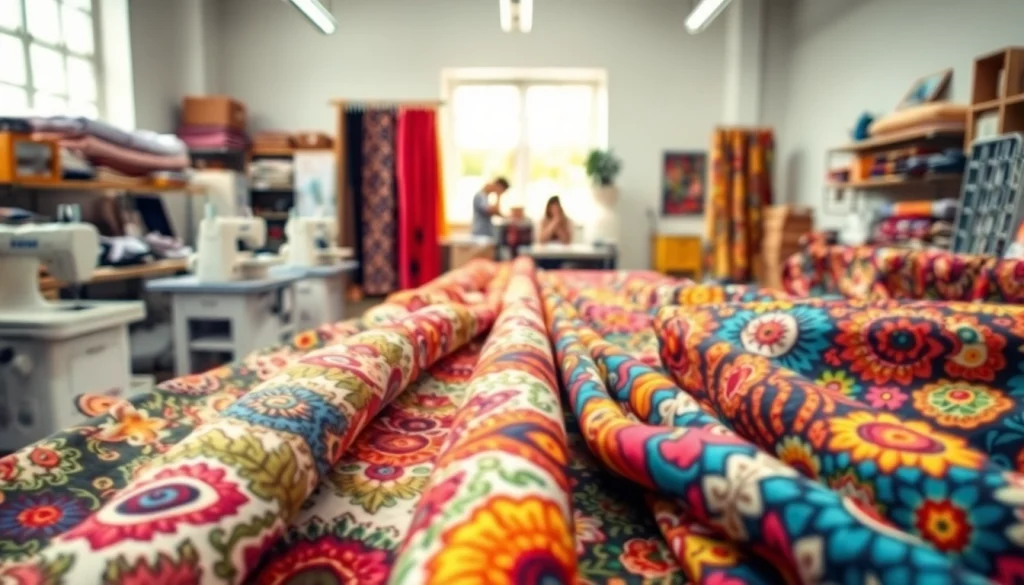 Bekijk bedrukte stoffen kopen in een creatieve werkplaats met kleurrijke ontwerpen.