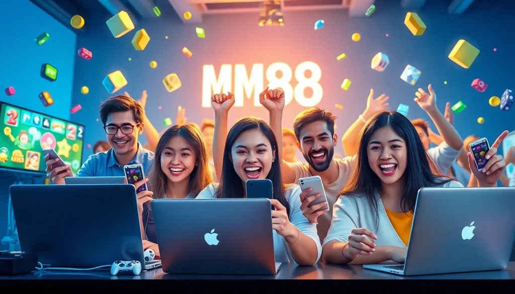 MM88 platform showcasing a diverse group enjoying online gaming on laptops and smartphones.
