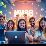 MM88 platform showcasing a diverse group enjoying online gaming on laptops and smartphones.