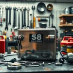 The S58 Auxiliary Fuel Kit showcases its robust design amidst essential workshop tools.