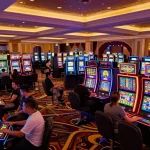 Players enjoying the slot server thailand no 1 under bright neon lights, showcasing a vibrant casino environment.