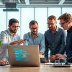 Engaged team at a web development company collaborating on innovative solutions.