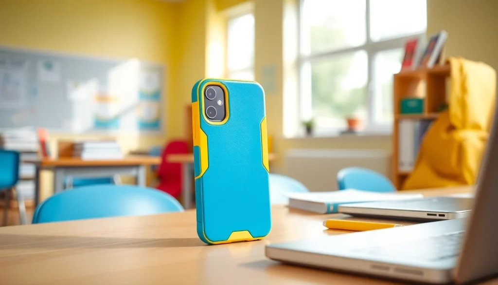 Handytasche Schule zeigt stylisches Design, ideal für den Schulgebrauch in einem Klassenzimmer.