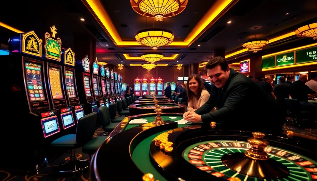 Des joueurs enthousiastes s'engagent dans l'action au meilleur casino en ligne, avec des machines à sous vibrantes et une roue de roulette.