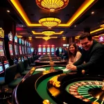 Des joueurs enthousiastes s'engagent dans l'action au meilleur casino en ligne, avec des machines à sous vibrantes et une roue de roulette.