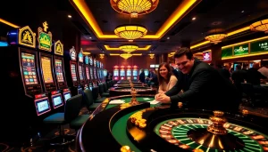 Des joueurs enthousiastes s'engagent dans l'action au meilleur casino en ligne, avec des machines à sous vibrantes et une roue de roulette.