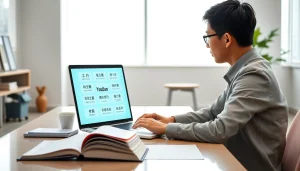 Interactive interface of 有道翻译 showcasing multilingual features in a modern office.
