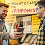 Engaging instant phone buyer transaction at a market with a smiling seller and customer.