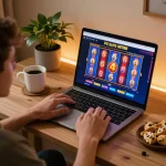 Engaging gameplay of PG Slots NET88 displayed on a laptop in a cozy home setting with snacks.