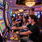 Players experiencing slot gacor hari ini in a lively casino, cheering for wins and enjoying vibrant slot machines.