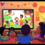Children enjoying African American cartoons in a vibrant living room setting