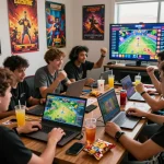 Enthusiastic friends enjoying diverse games on the Go88 platform in a vibrant online gaming environment.