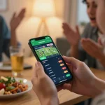 Sports betting action on https://w88bet.football/ with smartphone displaying betting odds and cozy home setting.
