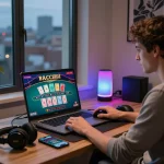 Immerse yourself in the thrill of 바카라사이트 gaming at home, showcasing a player engaging with live baccarat online in a vibrant office setting.