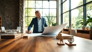 Architectural consultation Boston with an architect reviewing blueprints in a bright, modern office space.