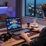 A person enjoying live baccarat from their stylish home office, showcasing a vibrant online gaming setup with modern decor.