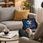 Berkecimpung dengan platform permainan 100 cuci di tablet di rumah, mempamerkan perjudian dalam talian yang strategik