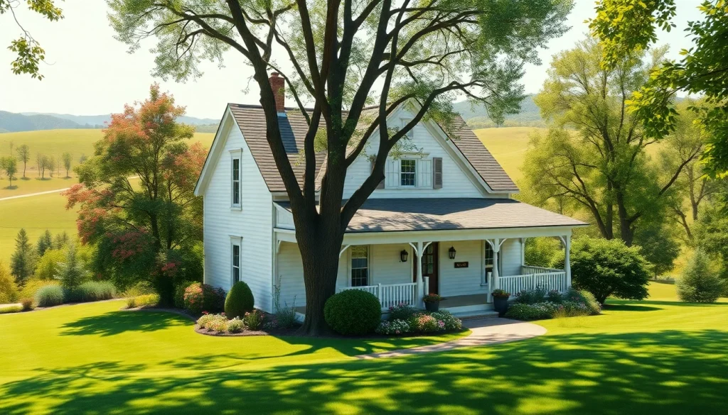 Canton Farmhouse showcasing inviting design amidst lush greenery and blooming gardens.