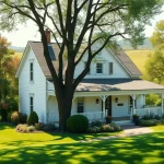 Canton Farmhouse showcasing inviting design amidst lush greenery and blooming gardens.