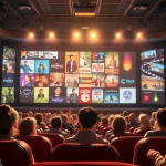 Watch หนังออนไลน์ in an immersive cinema with vibrant film reels and excited viewers.