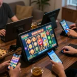 Playing slot gacor hari ini on a cozy home setup, with dynamic reels and excited players engaged in the game.