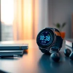 Monitor fitness with the Explorer Plus GPS Smart Watch on a modern desk, showcasing its vibrant display.