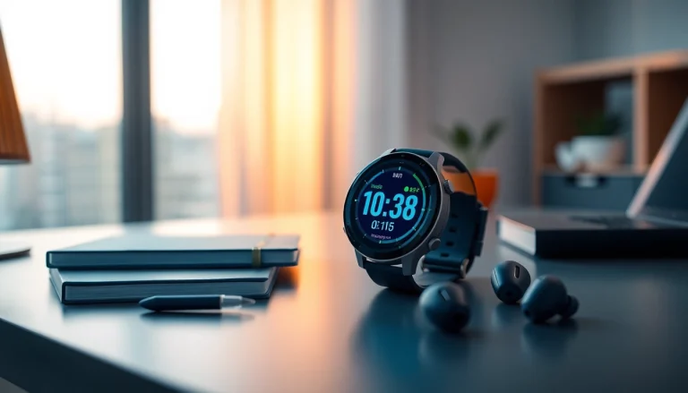 Monitor fitness with the Explorer Plus GPS Smart Watch on a modern desk, showcasing its vibrant display.