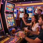 Pemain merayakan kemenangan besar di mesin link slot di kasino yang meriah.