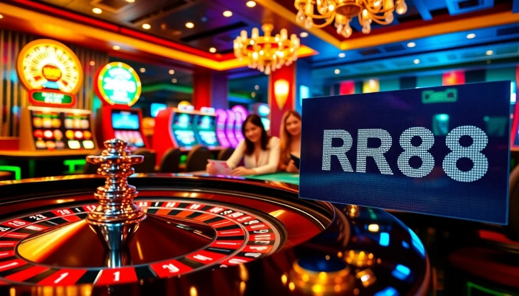 RR88 players enjoying a thrilling game at a luxurious casino table with vibrant poker chips.