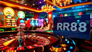 RR88 players enjoying a thrilling game at a luxurious casino table with vibrant poker chips.